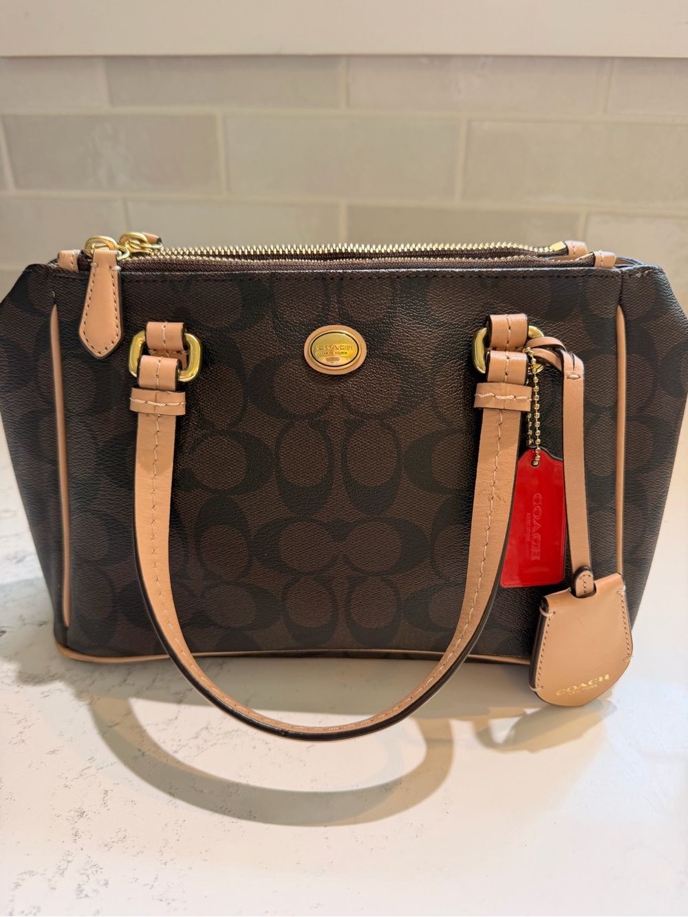 Coach Brown Signature Canvas Satchel with Tan Trim and Red Tag